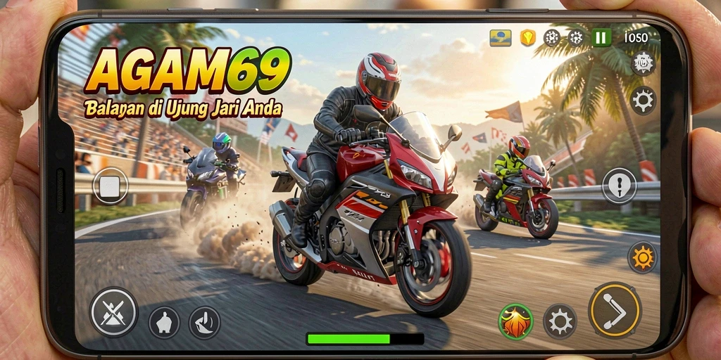 Tampilan gameplay seru AGAM69 dengan aksi balapan motor yang mendebarkan.