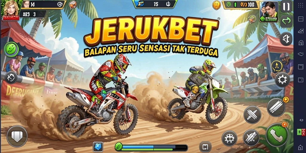 Menampilkan aksi balapan seru dalam JERUKBET dengan kendaraan yang bertenaga.