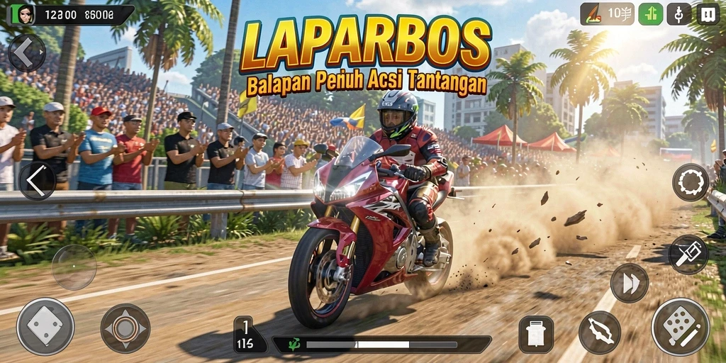 Gameplay intens balapan motor dalam LAPARBOS yang menegangkan.
