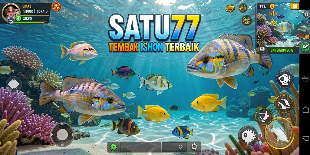 Tampilan utama gameplay SATU77 menampilkan ikan berwarna cerah dan alat senjata tembak.